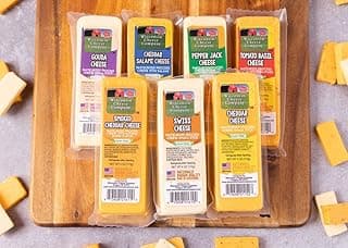 Wisconsin Cheese Company - Specialty 100% Wisconsin Cheese Block Assortment Sampler - (Pack of 7 Blocks) Cheddar, Pepper Jack, Swiss, Gouda, Salami, Smoked Cheddar & Tomato Basil | Locally Sourced | Perfect for Parties, Charcuterie Boards and Birthday Gifts | Great Birthday Gift for Cheese Lovers