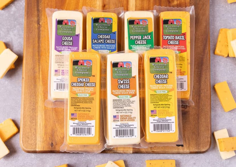 Wisconsin Cheese Company - Specialty 100% Wisconsin Cheese Block Assortment Sampler - (Pack of 7 Blocks) Cheddar, Pepper Jack, Swiss, Gouda, Salami, Smoked Cheddar & Tomato Basil | Locally Sourced | Perfect for Parties, Charcuterie Boards and Birthday Gifts | Great Birthday Gift for Cheese Lovers
