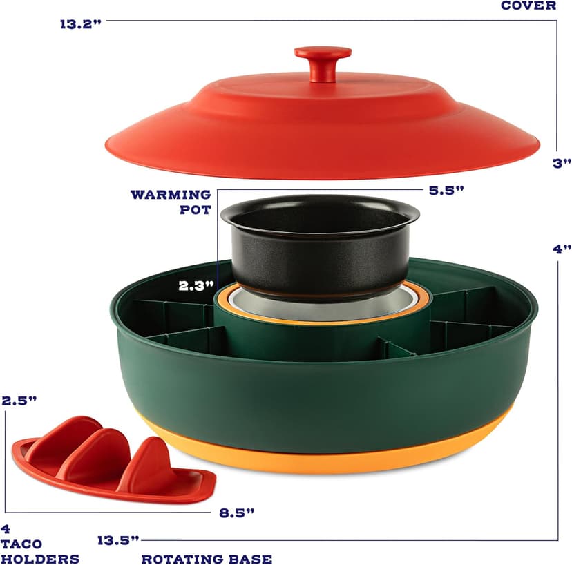 Taco Tuesday Kit - Taco Bar Serving Set for a Party - 30oz Heated Pot, 4 Taco Holders, & Detachable Lazy Susan Tray - Taco Night Fiesta – Unique Couple & Housewarming Gift Set Ideas