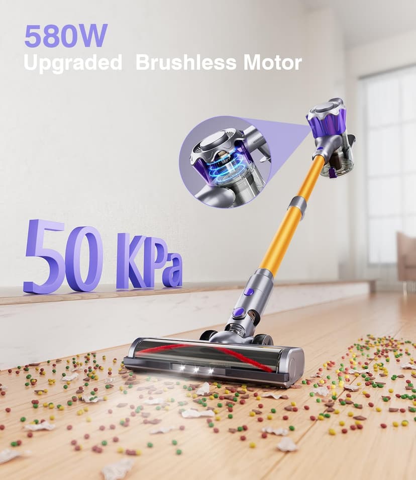 Cordless Vacuum Cleaner, 580W 50Kpa Powerful Stick Vacuum, Up to 70Mins Rechargeable Battery, Vacuum Cleaners for Home Anti-Tangled Lightweight Handheld for Hardwood Floor, Carpets, Pet Hair