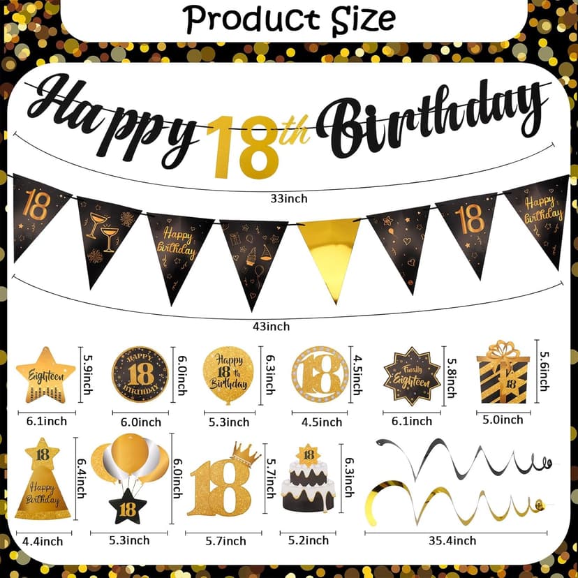 Black & Gold 18th Birthday Banner with 10PCS Swirls - Happy 18th Birthday Decorations for Boys & Girls