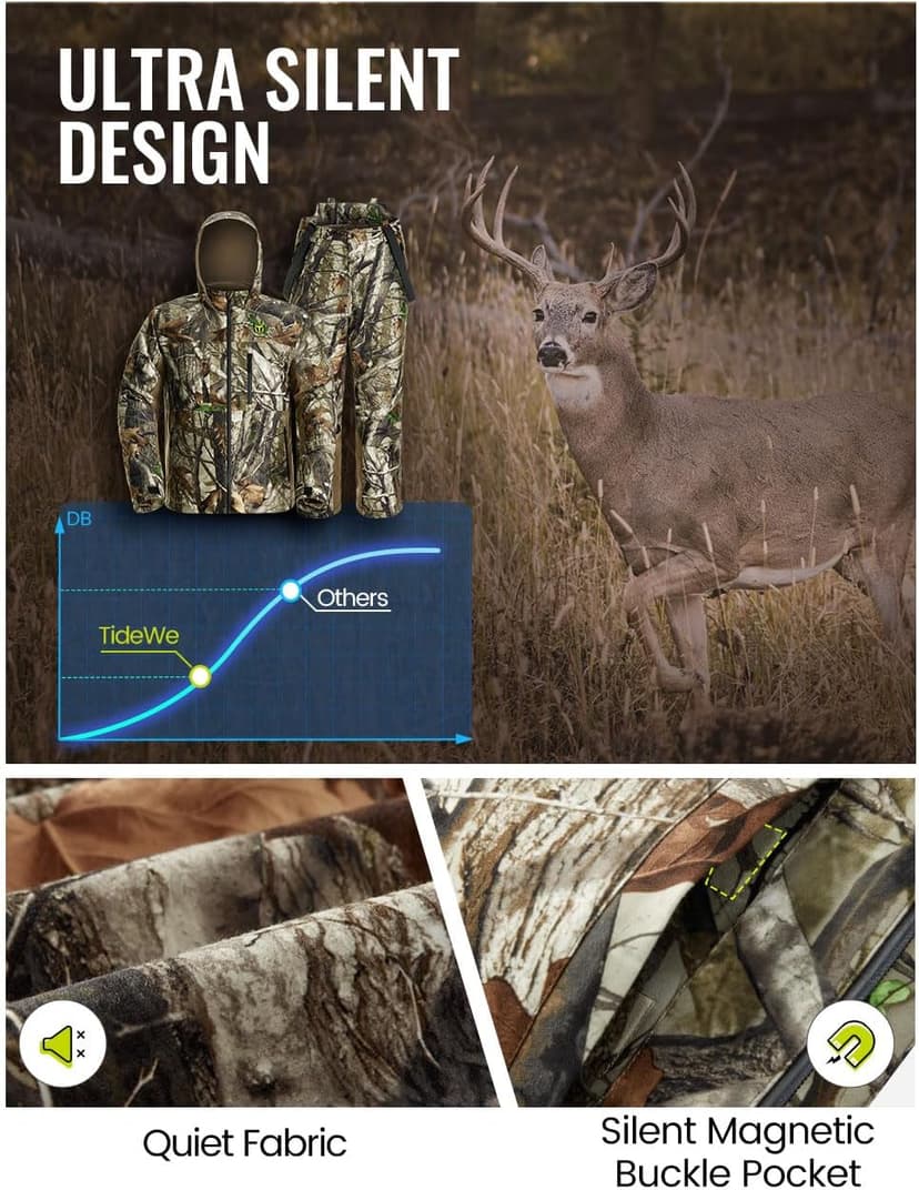 TIDEWE Hunting Clothes for Men with Face Mask, Silent Waterproof Hunting Jacket and Adjustable Bibs, Safety Strap Compatible