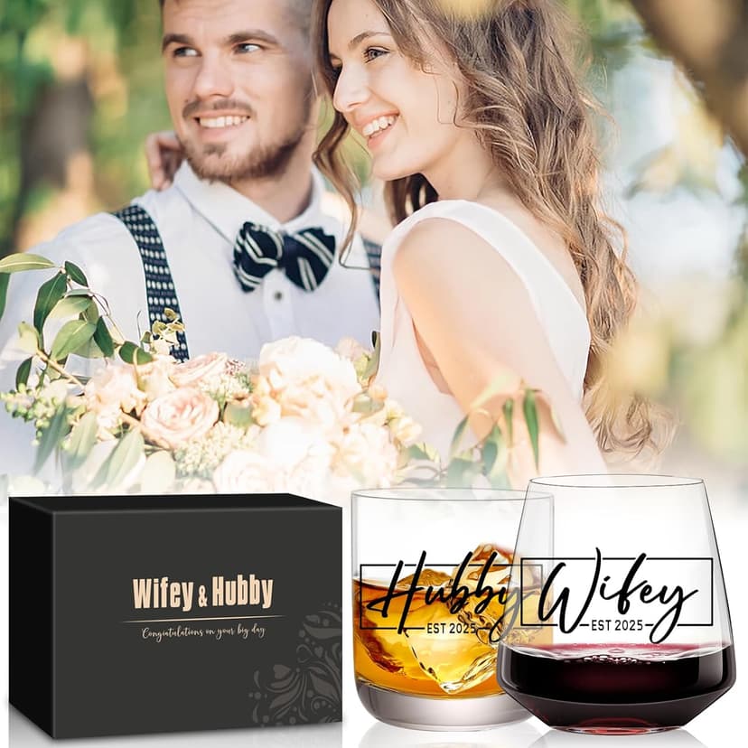 Christmas Gifts for Couples 2025,Wedding Gift, Wifey and Hubby Glasses Set,Bridal Shower Gifts for Bride and Groom, Newly-Married Anniversary for Him and Her，Mr and Mrs Gift，His and Hers Glass