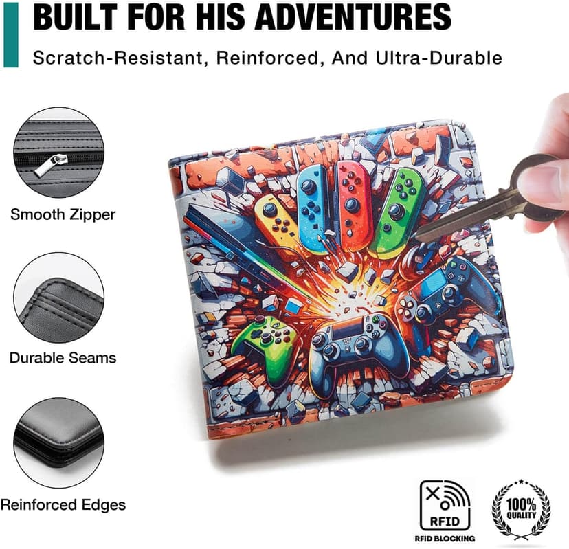 Kids Wallet for Boys, Boys Wallet for Kids Ages 4-5-6-7-8-9-10-11-12-13-14-15-16, Leather Wallet for Teen Boy, Christmas Birthday Gift Stocking Stuffer for Video Game Gaming Gamer Teenage Teenager