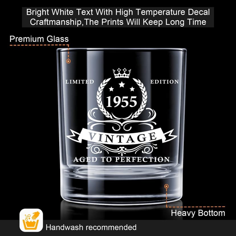 LIGHTEN LIFE 70th Birthday Gifts for Men 12 oz,1955 Whiskey Glass in Valued Wooden Box,70th Birthday Bourbon Glass for 70 Years Old Dad,Husband,Friend,70th Bday Gift Ideas