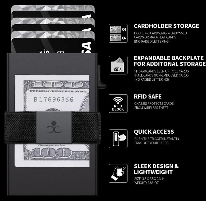 SEMORID Slim Aluminum Card Holder Wallet for Men, Durable Expandable Backplate, RFID Blocking Minimalist Metal Pop Up Wallet, Holds 12+ Cards Plus Cash (Black)