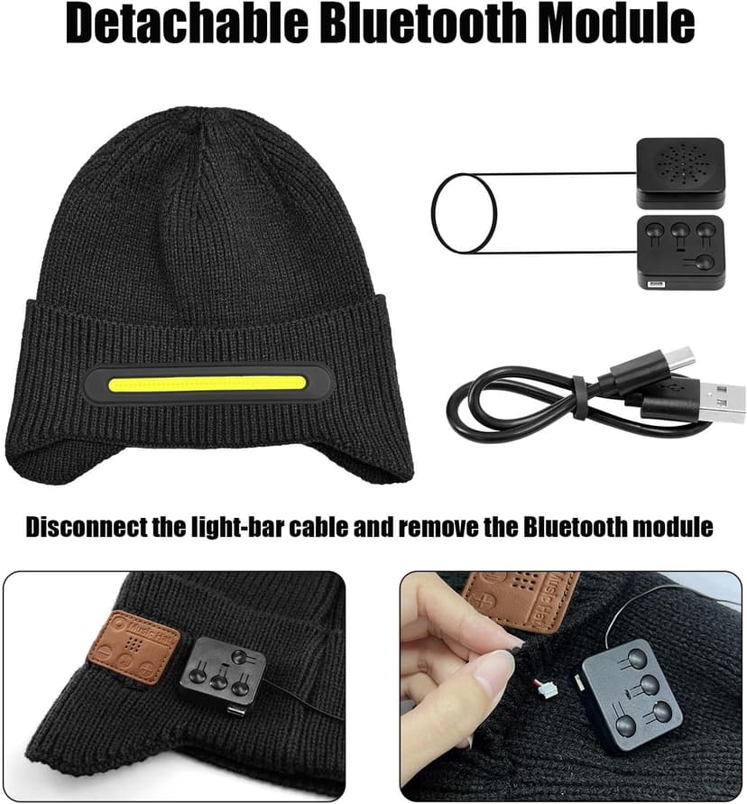 Bluetooth Beanie with Light, Headlamp Hat with Headphones and Built-in Speaker Mic, Unique Christmas Gifts for Men Husband