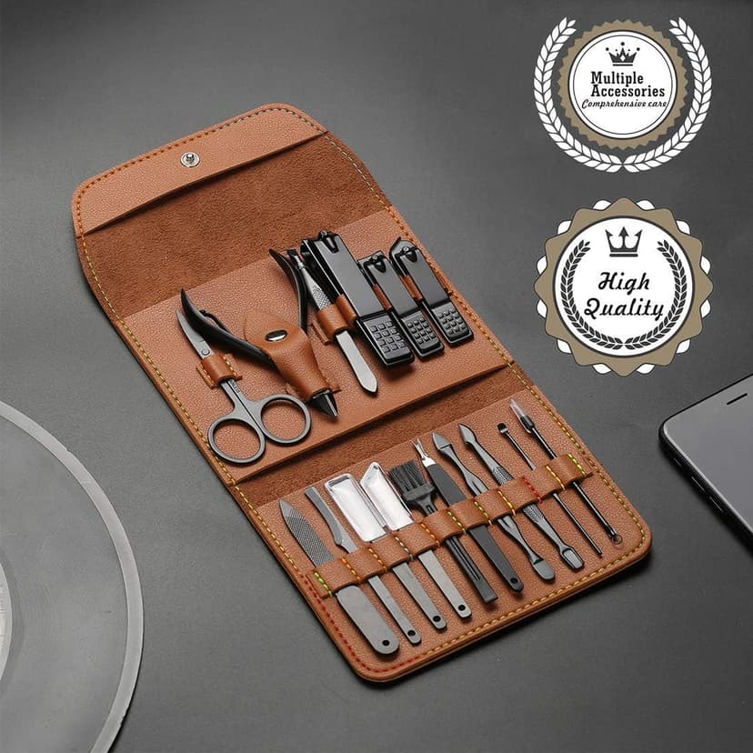 Gifts for Men/Women, Stainless Steel Manicure Set with PU Leather case, Personal Care Tool (Brown)