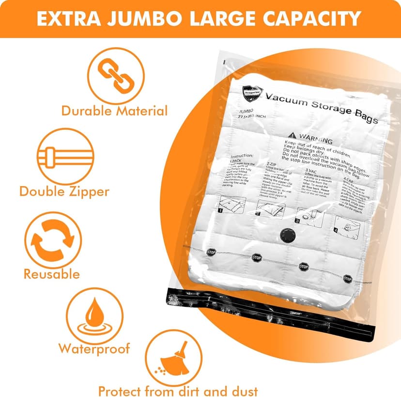 Vacuum Storage Bags Jumbo (12 x Jumbo),Plastic Packaging Bags,Space Saver Sealer Compression Bags for Blankets, Comforters, Pillows, Bedding,Clothes Storage