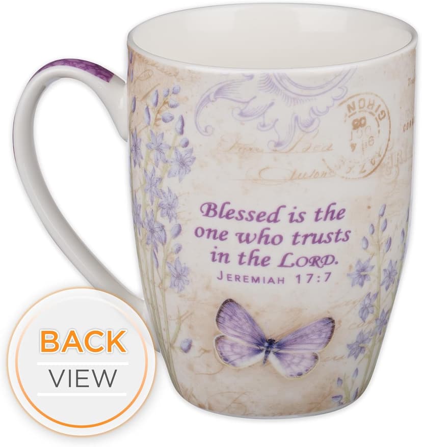 Christian Art Gifts Botanic Purple Butterfly Ceramic Coffee Mug Inspirational Coffee Cup for Women & Men 12 oz. Lead-free Microwave and Dishwasher Safe Coffee Mug with Bible Verse: Blessed - Jer. 17:7