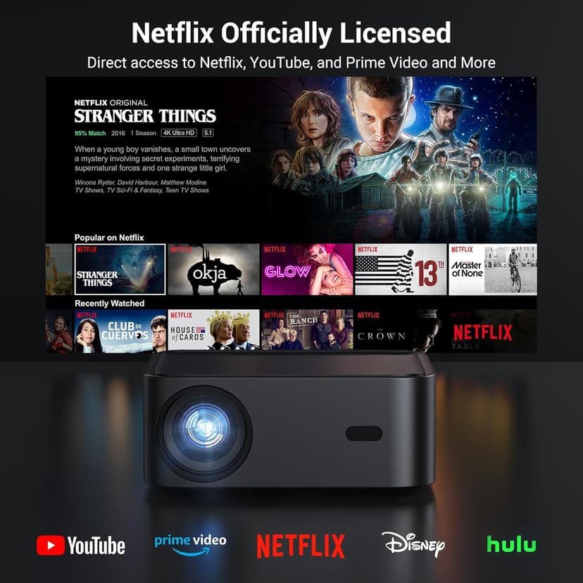 Official Licensed Netflix Smart Projector, HAPPRUN Projector 4K with Wifi and Bluetooth, DoIby Audio,Built-in Apps, Native1080P 1000 ANSI,Electric Focus,Movie Projector for Home Cinema,Outdoor,Indoor
