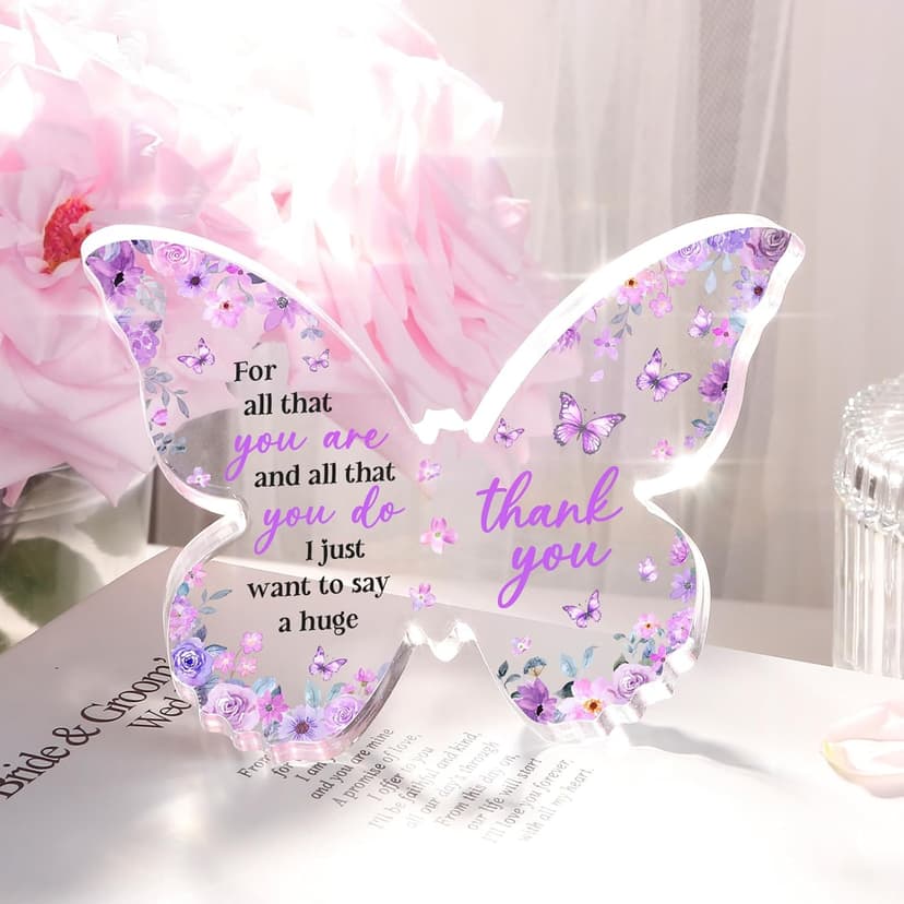 Thank You Gifts for Women, Appreciation Gifts for Teacher Employee Coworker Nurse Friend, 5x3.8x0.5 Inch Purple Butterfly Acrylic Plaque Decor, Graduation Wedding Thank You Grateful Gift Bulk