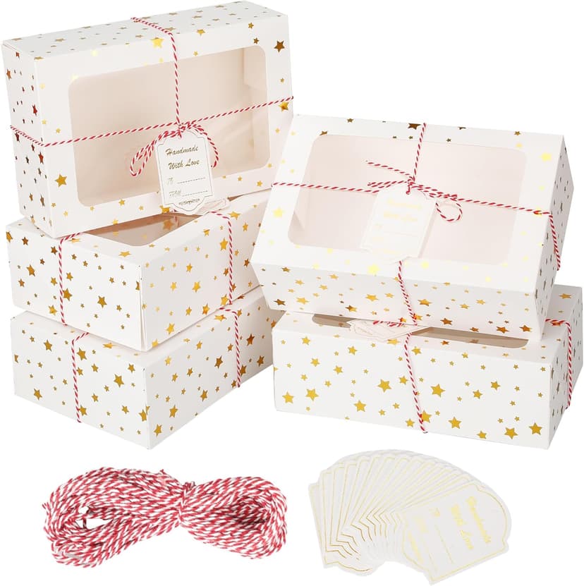 Zzrywuty 24 PCS Christmas Cookie Boxes for Gift Giving Golden Star White Bakery Boxes with Window,Christmas Treat Boxes for Pastry Dessert Cupcakes Mini Cake Pie Candy Donut,Baking Goods Packing Box