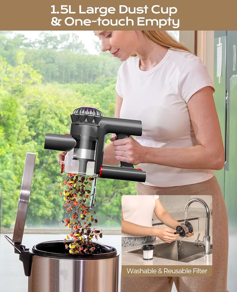 Cordless Vacuum Cleaner, 450W 40KPA Vacuum Cleaners for Home, 45Mins Lightweight Stick Vacuum with Advanced Green Light Tech, Rechargeable Battery Vacuum for Carpet,Pet Hair,Hardwood Floor