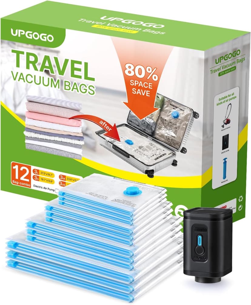 Combo 12 Pack Travel Vacuum Bags with Portable Electric Pump, Space Saver Vacuum Storage Bags for Clothing and Luggage, Travel Essentials