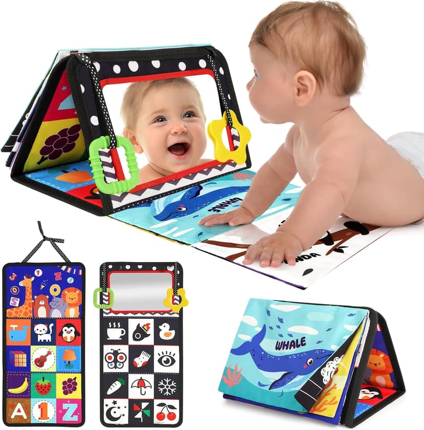 URMYWO Tummy Time Toy - Black and White High Contrast Baby Toys for Newborn - Baby Visual Stimulation Mirror - Montessori Sensory Crinkle Toy for Infant 0-3-6-12 Months - Shower Gift for Boy Girl