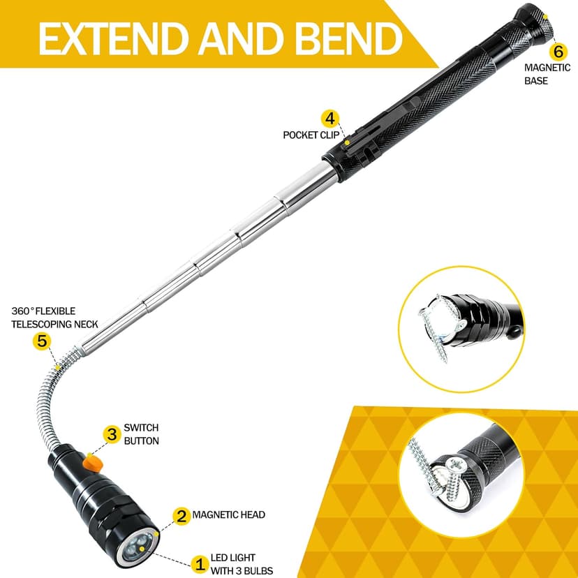 Magnetic Pickup Tool with LED Lights, Telescoping Magnet Flashlight, Cool Gadget Birthday Gifts Christmas Day Gifts for Men, Handyman, Husband, Boyfriend, Him, Father, Dad (1 Pack)