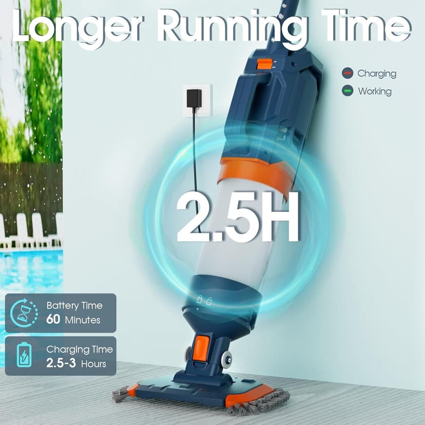 Cordless Heave Duty Pool Vacuum-True Powerful Suction 16.8 GPM, 60M Run-time, 25µm Ultra Fine Mesh Filter, Handheld Rechargeable Hot Tub Cleaner with Poles for Above Ground&Inground Pool