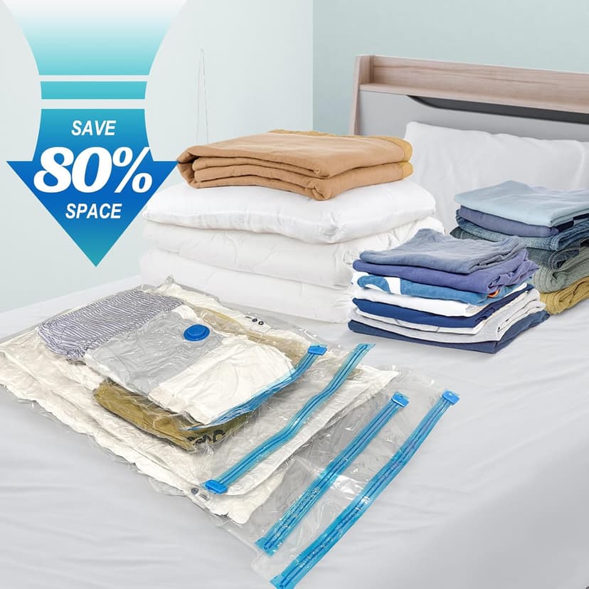 16 Pack Vacuum Storage Bags with Hand Pump, 4 Jumbo + 4 Large + 4 Medium + 4 Small Plastic Packaging Bags, 80% Space Saver Vacuum Seal Bags for Clothing, Travel Lugggage, Blankets, Comforters