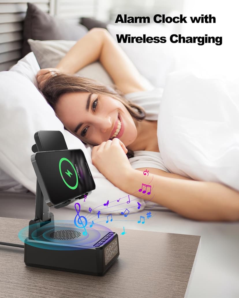 Birthday Gifts for Men Women,6-in-1 Cell Phone Stand Holder with Wireless Bluetooth Speaker & Wireless Charger,Alarm Clock for iPhone,HD Surround Sound Portable Bluetooth Speaker Gifts for Him Her