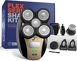 FlexSeries Electric Head & Body Hair Shaver - Mens Cordless Rechargeable Wet/Dry Skull Bald Head Back & Groin Waterproof Razor with Rotary Blades, Clippers, Nose Trimmer, Brush, Massager