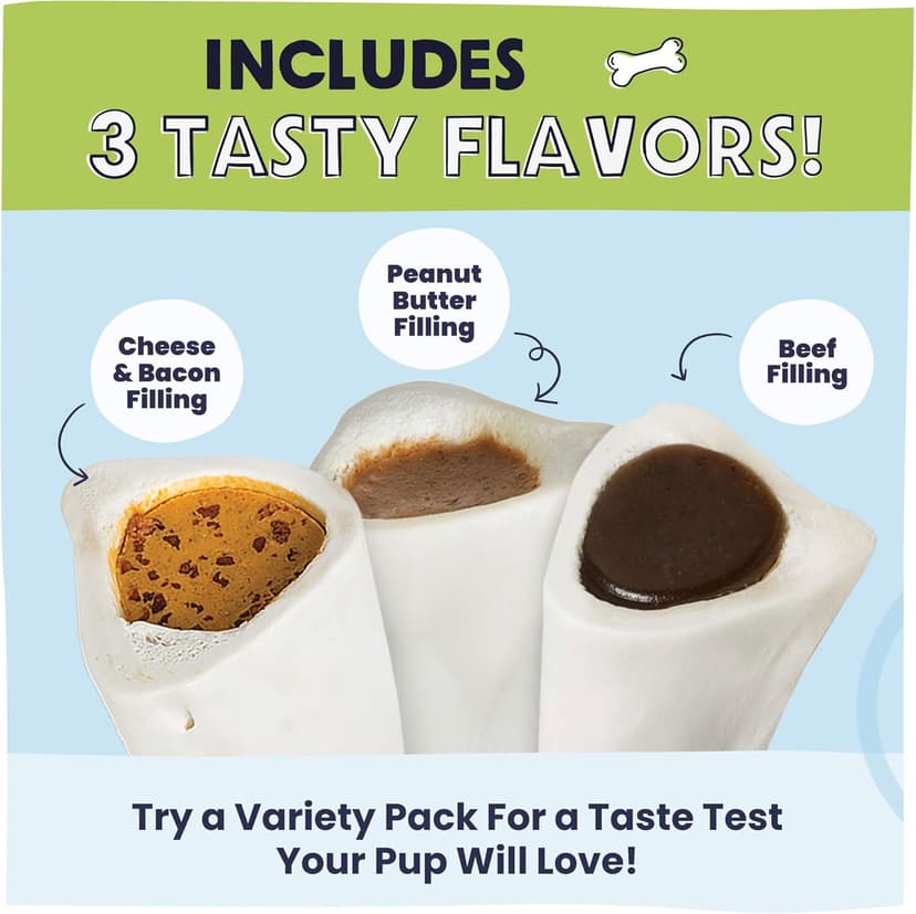 Pawstruck Large 5-6” Filled Dog Bones Variety Pack - Peanut Butter, Cheese & Bacon, Beef Flavors - Made in USA, Long Lasting Stuffed Femur Treat for Aggressive Chewers - Pack of 3, Packaging May Vary
