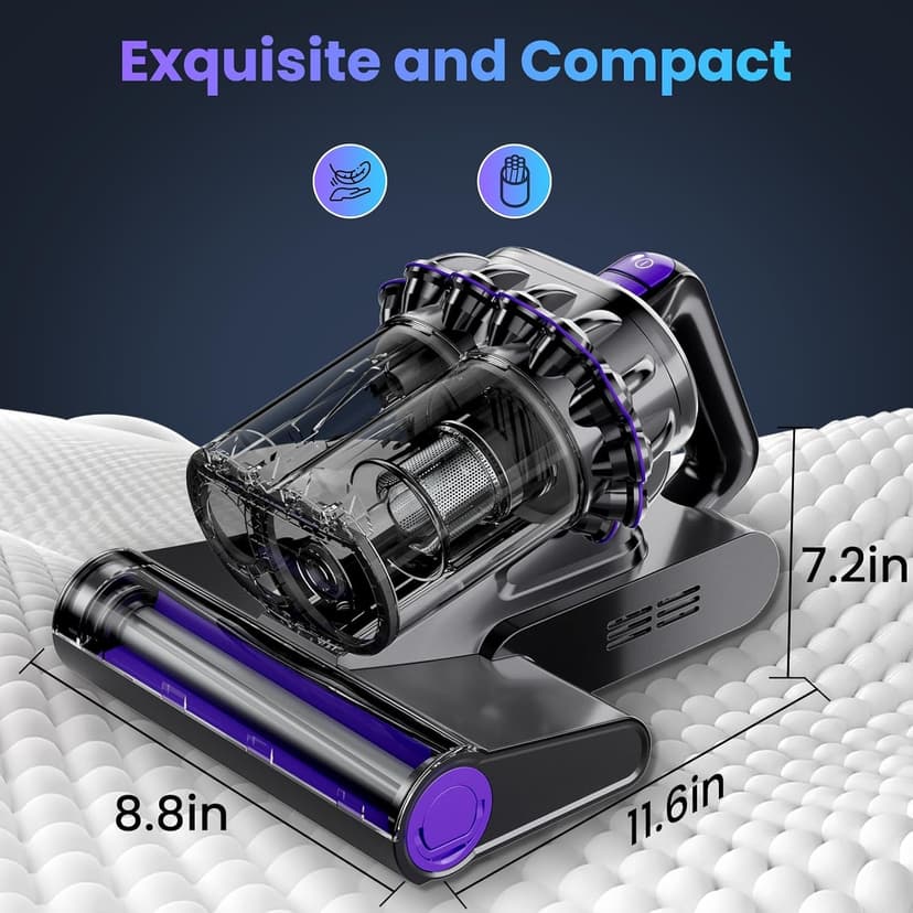 Mattress Vacuum, Bed Vacuum Cleaner with 16Kpa Suction 253.7nm UV-C Light, 145°F Heat & 30000 RPM/Min Tapping, HEPA Filter & Ultrasonic, 600W Powerful Vacuums for Bed, Sofa, Couch(Corded)