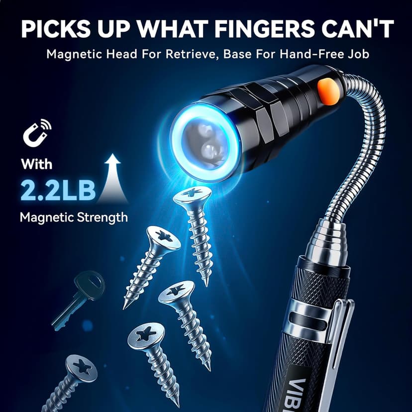 VIBELITE Extendable Magnetic Flashlight with Telescoping Magnet Pickup Tool-Cool Gadget Birthday for Men, Dad, Husband, Him, Father, Mechanic,Tech, Handyman, Boyfriend, Women, Black