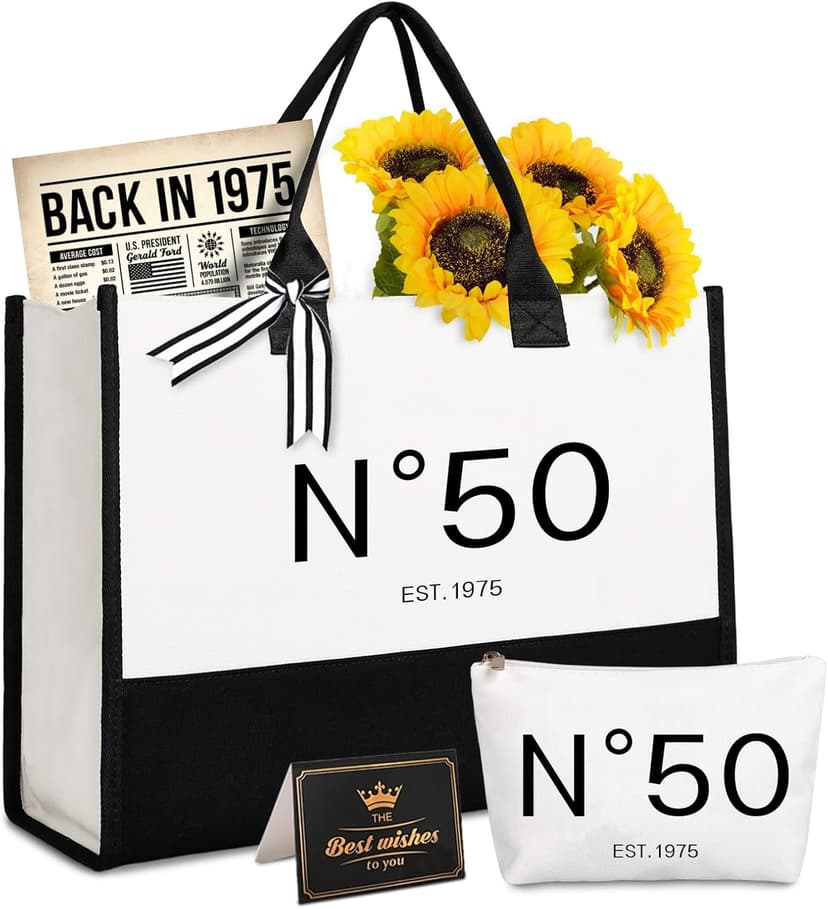 Lamyba 50th Birthday Gifts for Her, 50s Birthday Decorations for Women/Wife/Mom/Friends/Sister, no 50 Tote Bag & Cosmetic Bag & Back in 1975 Poster