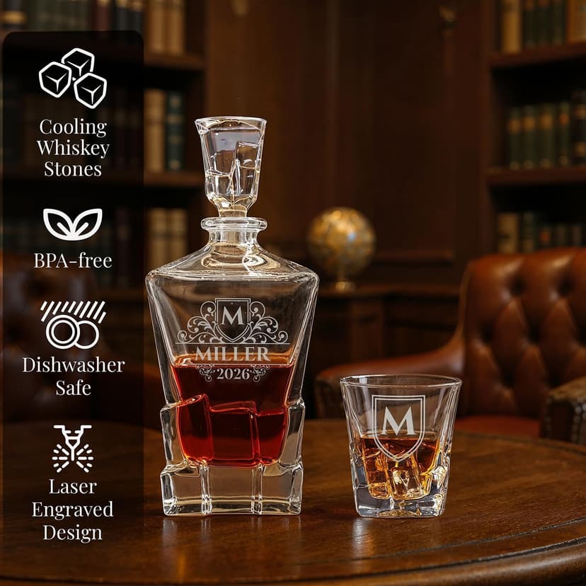 shop4ever Custom Engraved Monogram Year, Chunky Heavy Liquor/Bourbon Decanter with Glasses, Whiskey Stones, Coasters & Tongs, Premium Whiskey Gift Set for Men, Husband, Dad