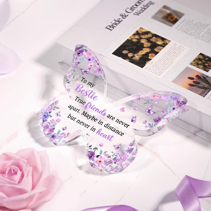 Bestie Best Friend Friendship Gifts for Women, Unique Purple Butterfly Acrylic Plaque Desk Decor, Bestie Best Friend Birthday Gifts for Women Friendship for Bff Bestfriend, 5 x 3.8 x 0.5 inches