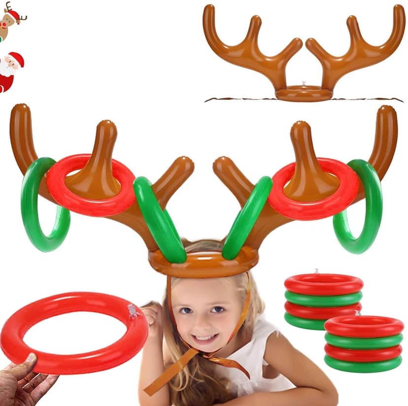 2PCS Christmas Party Toss Game Inflatable Reindeer Antler Hat with Rings for Kids Adults Family Xmas Fun Games(1 Pump，8 Rings, 2 Antlers)