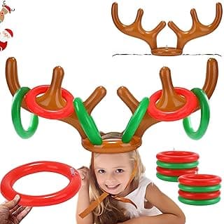 2PCS Christmas Party Toss Game Inflatable Reindeer Antler Hat with Rings for Kids Adults Family Xmas Fun Games(1 Pump，8 Rings, 2 Antlers)