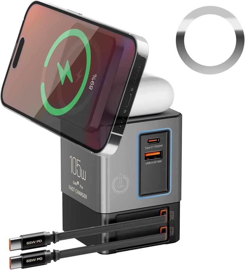 6-in-1 Charging Station,105W GaN Retractable Charger with Magnetic Pad – MagSafe Compatible, USB-C Fast Charging for iPhone, AirPods, MacBook, Apple Watch, and Other Phones, Tablets, Laptops