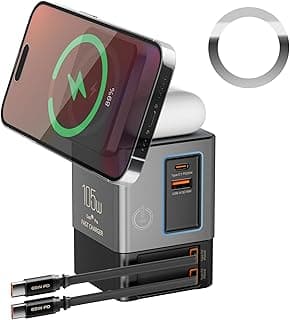 6-in-1 Charging Station,105W GaN Retractable Charger with Magnetic Pad – MagSafe Compatible, USB-C Fast Charging for iPhone, AirPods, MacBook, Apple Watch, and Other Phones, Tablets, Laptops
