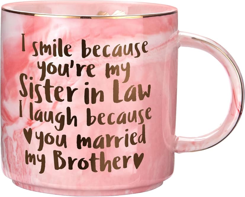 Hendson Sister In Law Gifts for Christmas - Funny Sister In Law Birthday Gift, Sis Engagement, Wedding Gift, New Sis InLaw, SIL To Be, Christmas - I Smile Because - Pink Marble Mug, 11.5oz Coffee Cup