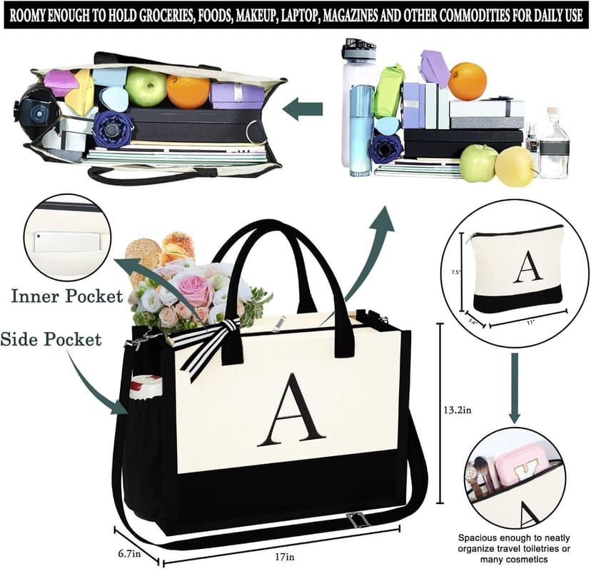 YOOLIFE Gifts for Women - Initial Tote Bag & Makeup Bag, Birthday Gifts for Women Mom Wife Teacher Friend