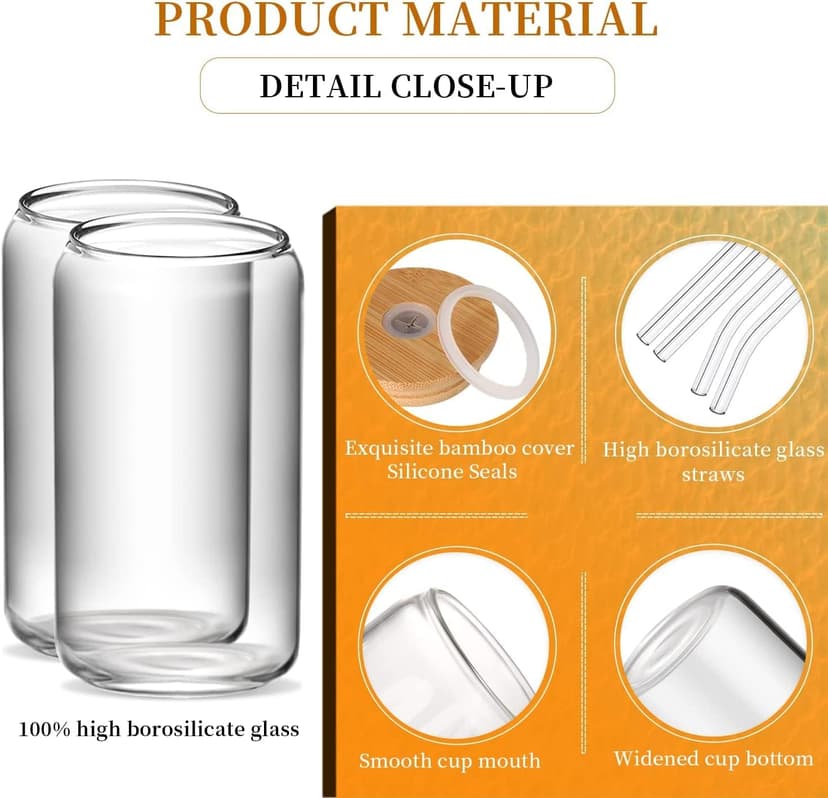 Glass Cups with Lids and Straws 6 pcs, 16 oz-DWTS Cute Tumbler,Beer Drinking Glasses,Clear for Iced Coffee, Tea with Bamboo Lids for Gifts