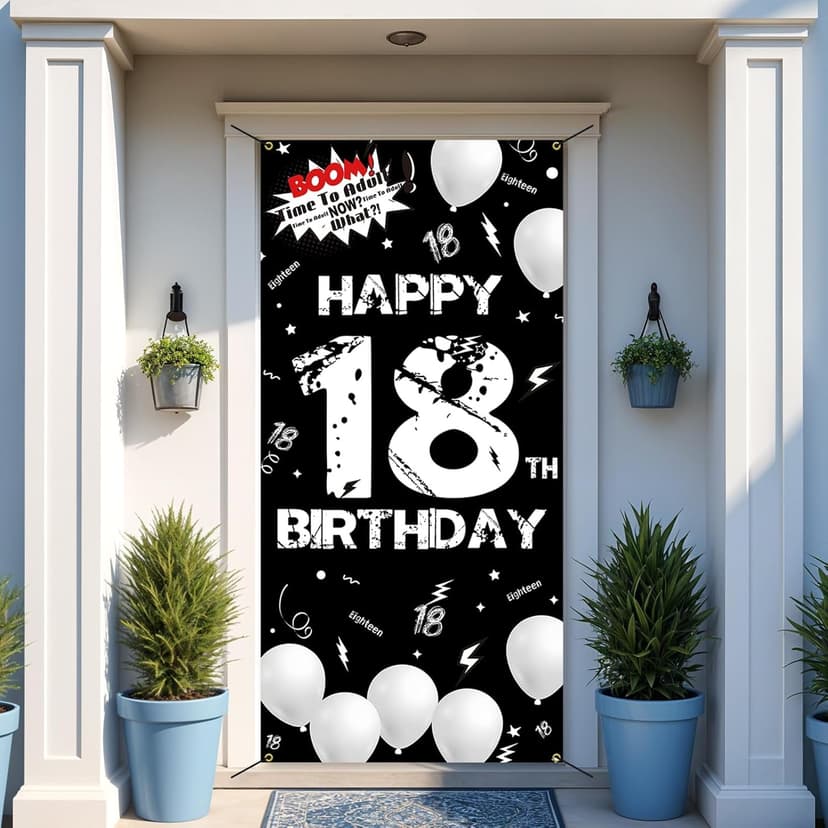 Fabric 18th Birthday Backdrop Banner Black White, Happy 18th Birthday Decoration for Men Women, 18 Year Old Birthday Party Yard Sign Photo Props Door Decor Supplies for Outdoor Indoor