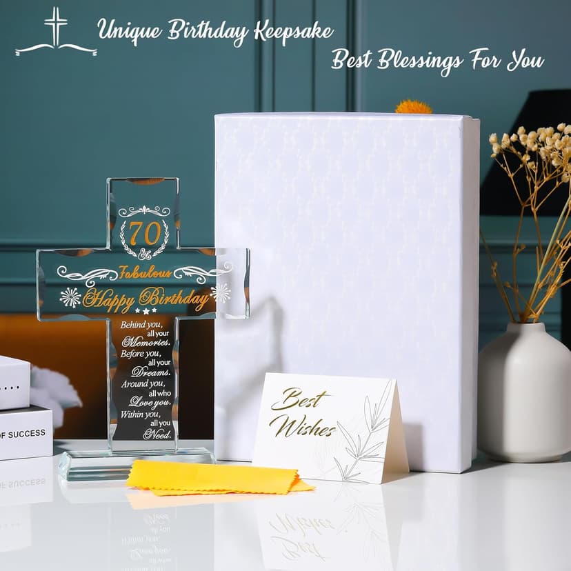 70th Birthday Cross Gifts for Women, Men, Standing Glass Keepsake for 70 Year Old Birthday Religious Presents for Mom, Dad, 70th Fabulous Birthday Gifts Ideas