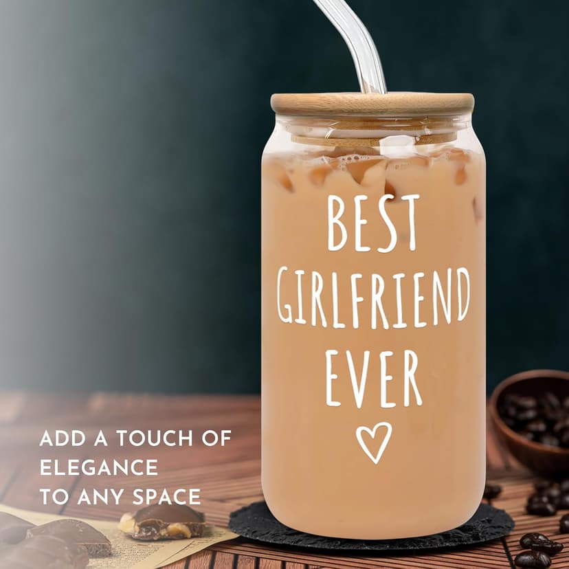 Gifts for Girlfriend - Girlfriend Gifts for Women - Anniversary, Valentines, Birthday Cup for Her - Romantic Love Glass for Her - 16 Oz Can Glass with Lid, Straw & Brush