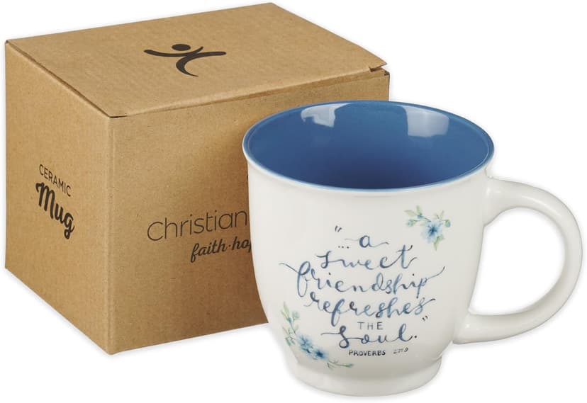Christian Art Gifts Blue Floral Ceramic Coffee Mug – 14 oz. Microwave and Dishwasher-safe Inspirational Scripture Coffee and Tea Mug for Friends with Bible Verse: A Sweet Friendship – Proverbs 27:9