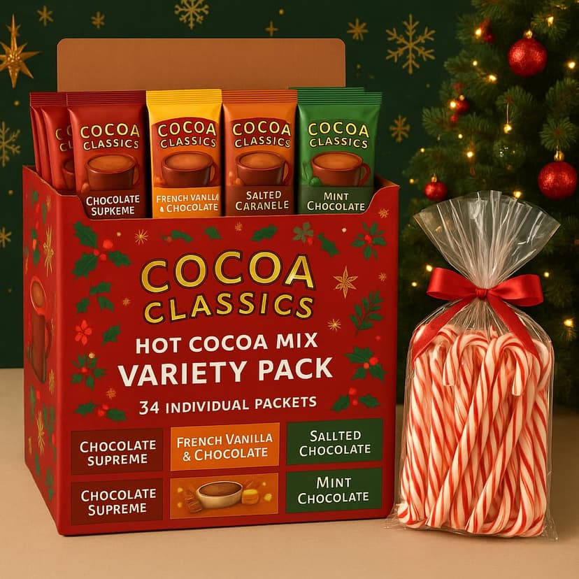 Hot Chocolate Cocoa Mix Variety Gift Pack – 34 Individual Packets – French Vanilla, Salted Caramel, Mint & Chocolate Supreme Flavors – Instant Hot Cocoa Mix – Christmas Holiday Gift with Candy Canes