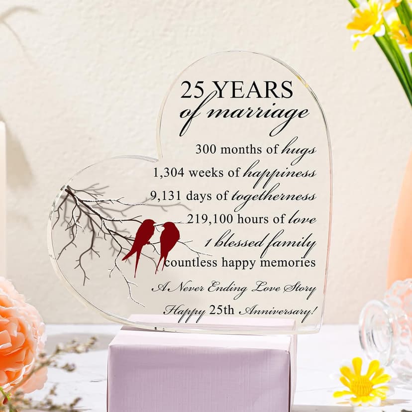 Qunclay 25th Years of Marriage Gift Wedding Anniversary Souvenir Heart Marriage Keepsake Decoration Present for Couple Parent Women Mom Husband Wife He She Friend Grandparents