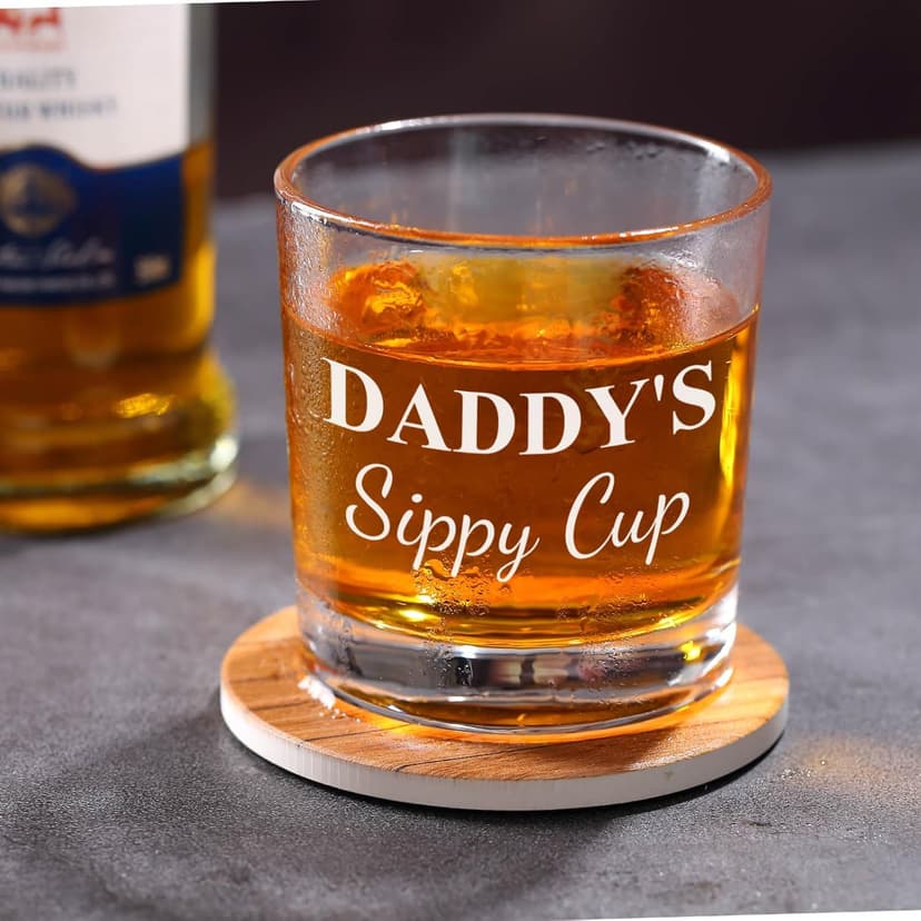 Daddy's Sippy Cup Whiskey Glass Set In Gift Box, Funny unique Gifts for New Dad, Father, Papa, Husband, Father's Day Gifts From Wife - 10 Oz Old Fashioned Glass & Ice Ball Mold & Coaster & Gift Card