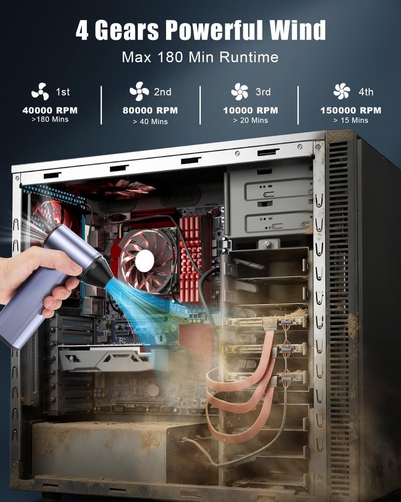 Compressed Air Duster with150,000RPM Brushless Motor, 8000mAh Battery, LED Light, 4-Gear Adjustable Electric Air Blower for Home, Car, Computer, Outdoor