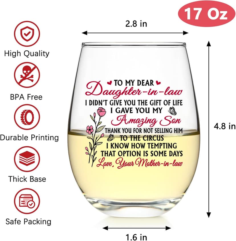 Futtumy Funny Daughter in Law Gifts, To My Dear Daughter-in-laws Stemless Wine Glass for Son's Wife, Mothers Day Birthday Christmas Gifts from Mother-In-Laws, 17 oz