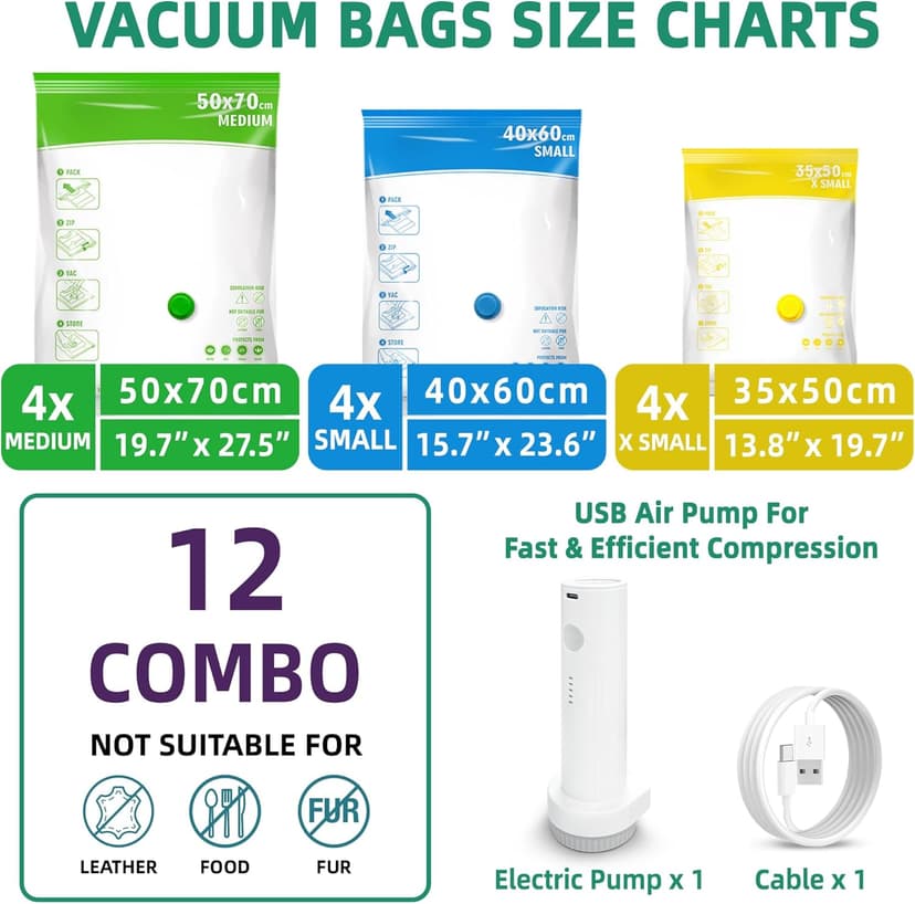 Travel Vacuum Storage Bags with Portable Electric Pump, 12 Pack Travel Vacuum Bags for Clothes, Vacuum Seal Compression Bags for Luggage and Suitcase