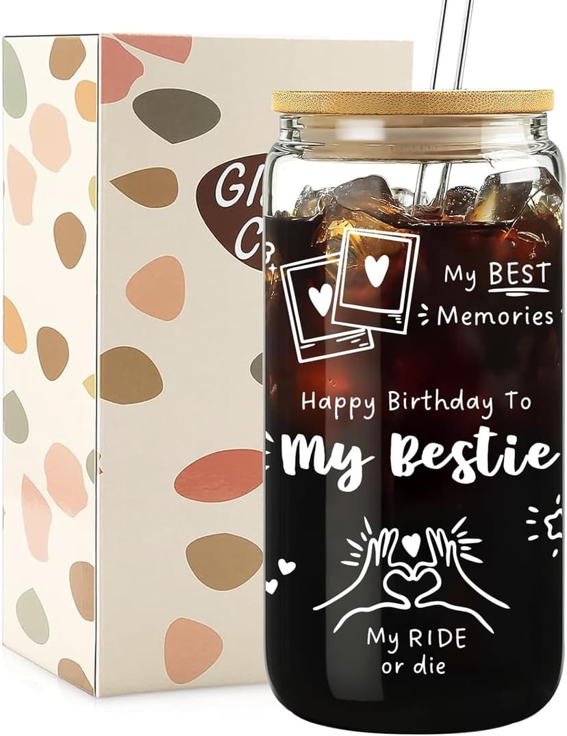 Best Friend Birthday Gifts for Women Friendship - Happy Birthday to My Bestie Glass Cups with Lids and Straws, Funny Presents for Bff Friends Coworkers Unique, Cute Iced Coffee Cup, 16 oz