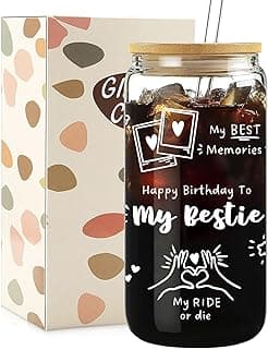 Best Friend Birthday Gifts for Women Friendship - Happy Birthday to My Bestie Glass Cups with Lids and Straws, Funny Presents for Bff Friends Coworkers Unique, Cute Iced Coffee Cup, 16 oz